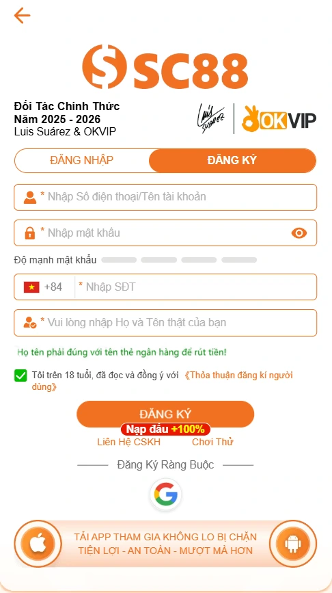 Giao diện form đăng ký tài khoản tại SC88